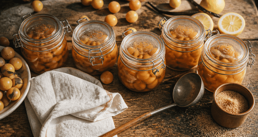 Bocaux de mirabelle au sirop sans stérilisation sur table rustique