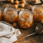 Bocaux de mirabelle au sirop sans stérilisation sur table rustique