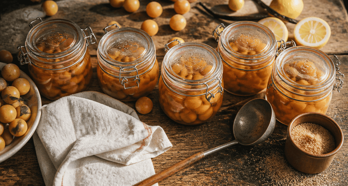 Bocaux de mirabelle au sirop sans stérilisation sur table rustique