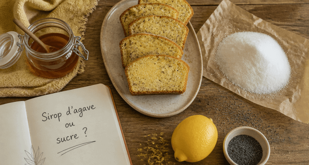 sirop d agave ou sucre sur table avec cake