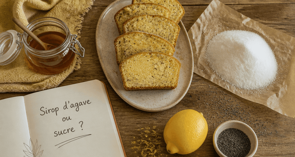 sirop d agave ou sucre sur table avec cake