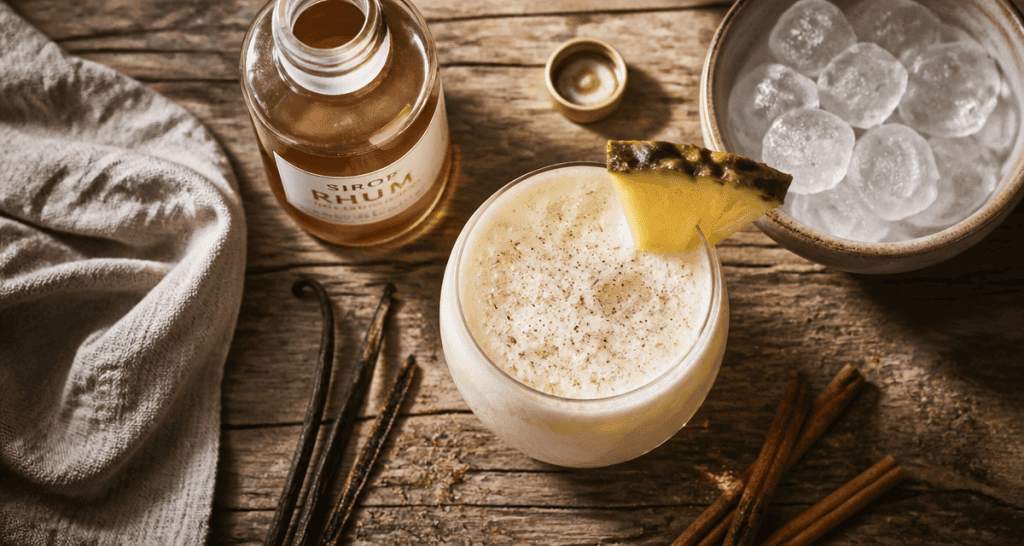 Sirop de rhum et Virgin Pina Colada décoré sur table