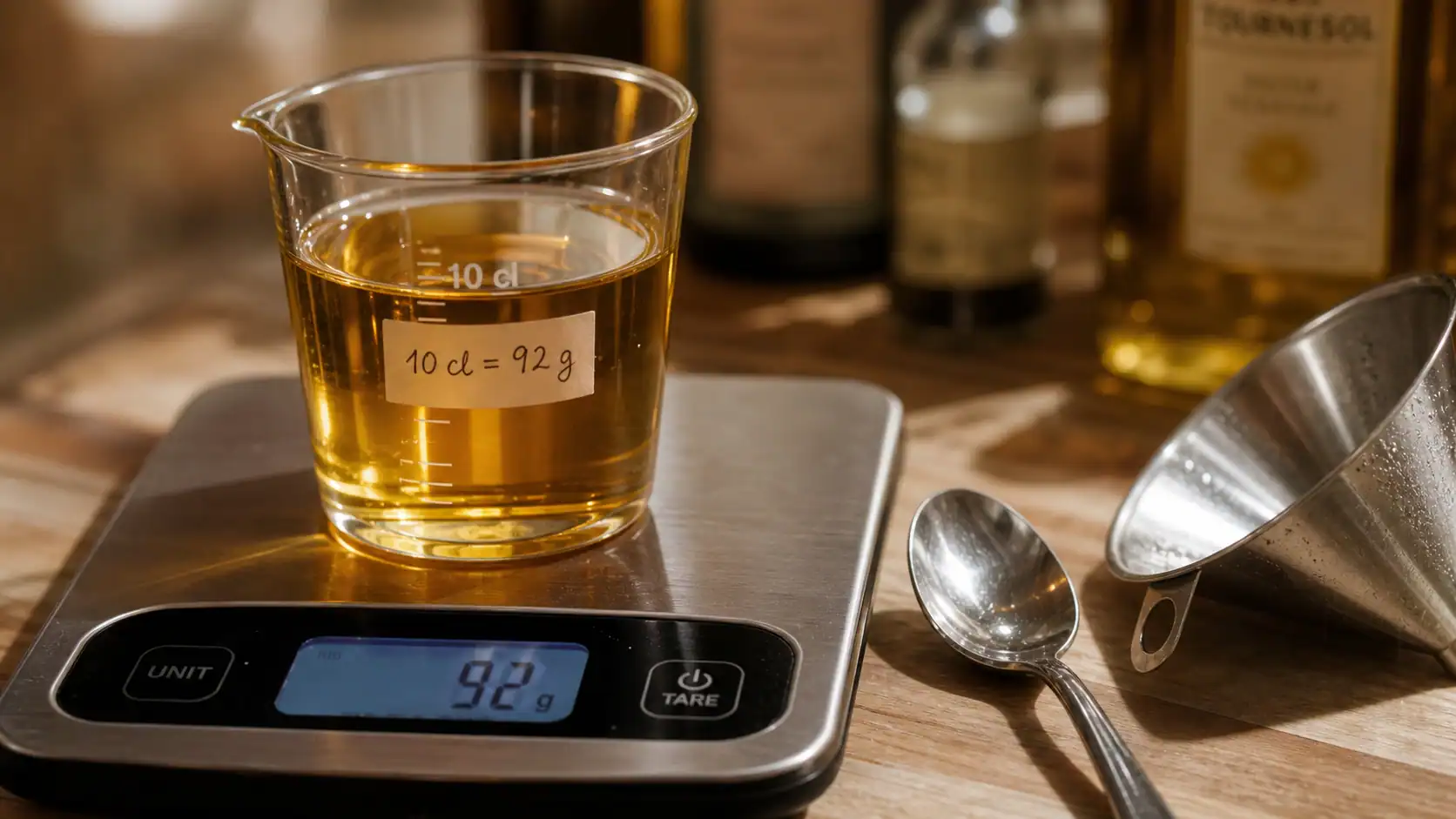 10cl d huile en gramme : balance et 10 cl d’huile