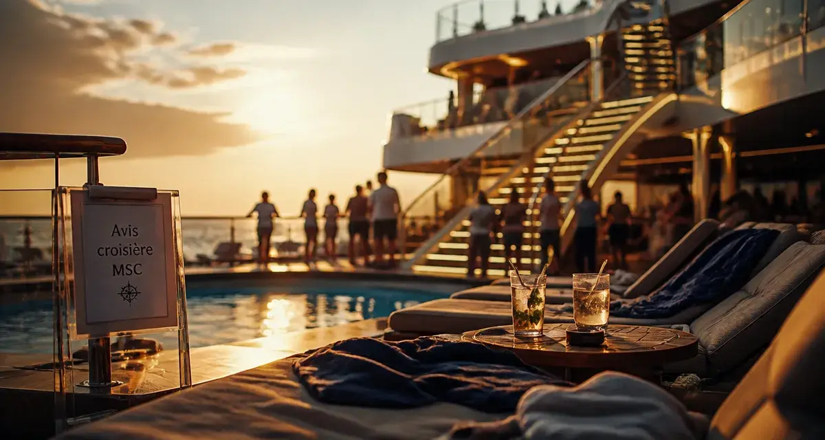 Avis croisiere msc mediterranee : pont de paquebot MSC au coucher du soleil
