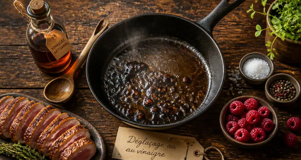 Déglacer au vinaigre dans une poêle ancienne avec sucs