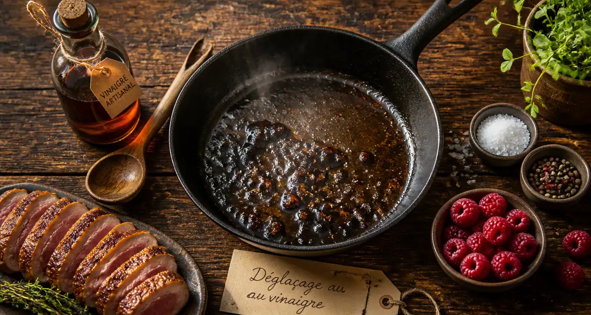 Déglacer au vinaigre dans une poêle ancienne avec sucs