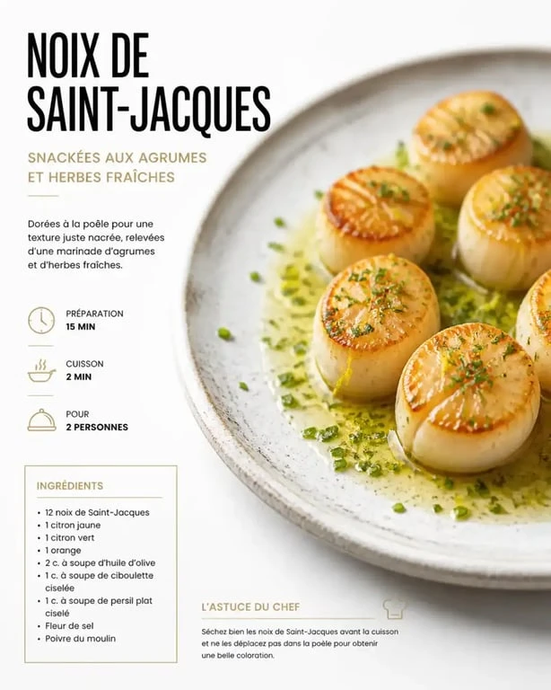 Noix de Saint-Jacques marinées et snackées avant cuisson, prêtes à être dégustées