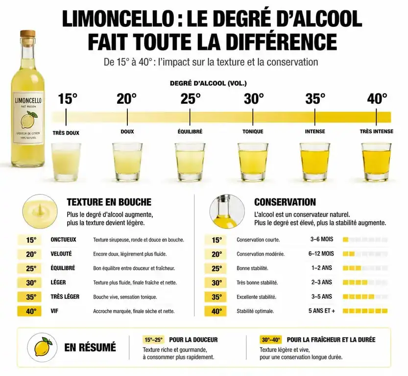 Infographie sur l'impact du degré d'alcool du limoncello sur la texture et la conservation
