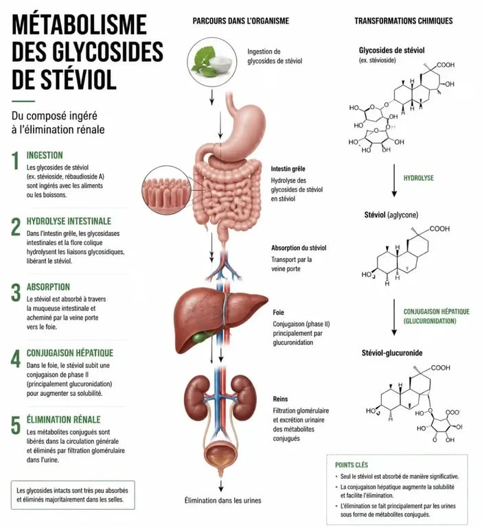 Infographie sur le métabolisme de la stévia et son innocuité pour le foie