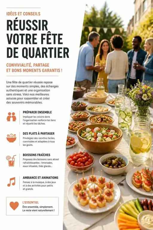 Buffet convivial et varié pour la fête des voisins avec des idées de plats à apporter