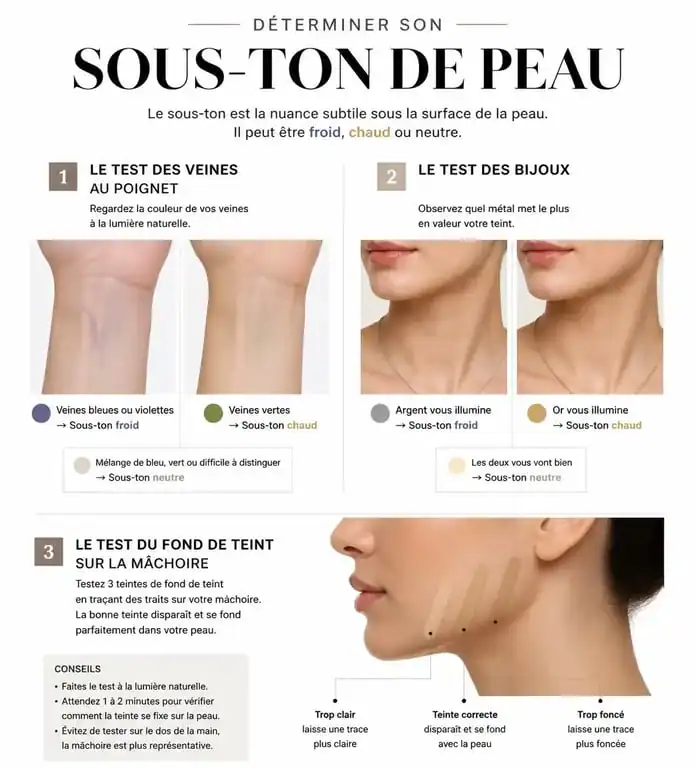 Infographie illustrant comment trouver sa teinte de fond de teint et déterminer son sous-ton de peau