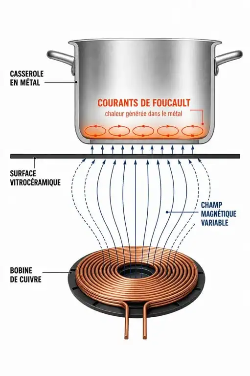 Schéma explicatif du fonctionnement d'une plaque à induction avec bobine et courants de Foucault