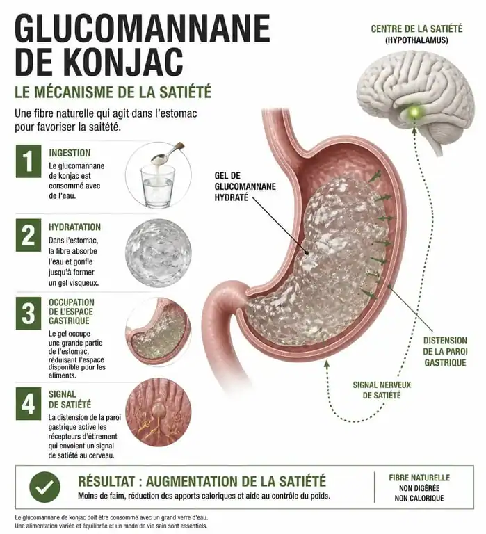 Infographie expliquant les bienfaits et le mécanisme d'action du konjac et du glucomannane sur la satiété