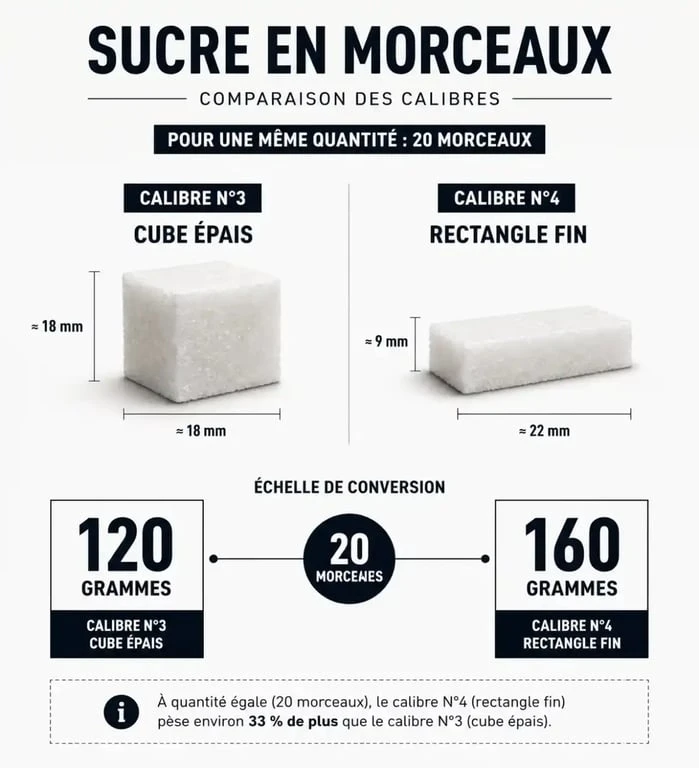 Infographie de conversion : 20 morceaux de sucre en grammes selon le calibre N°3 ou N°4