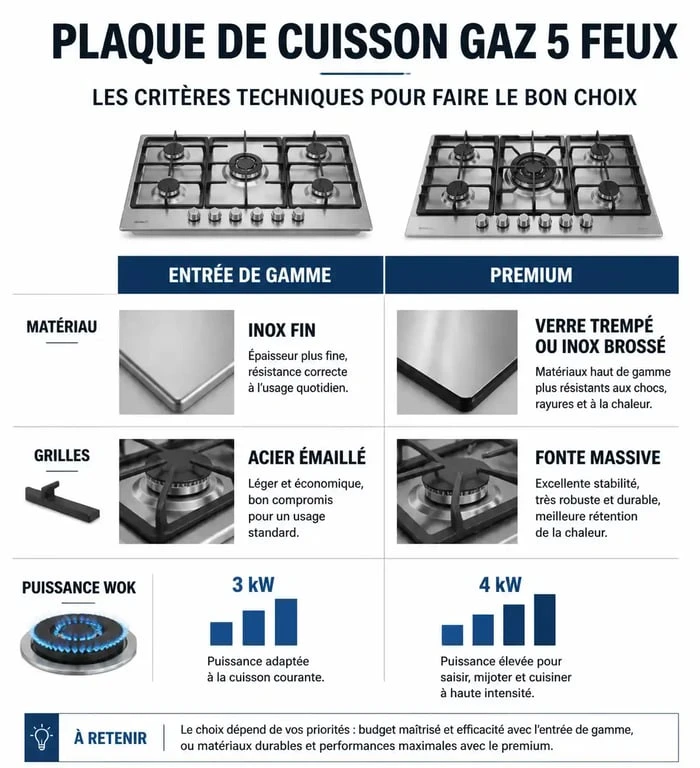 Comparatif technique des plaques de cuisson gaz 5 feux pour choisir le meilleur modèle
