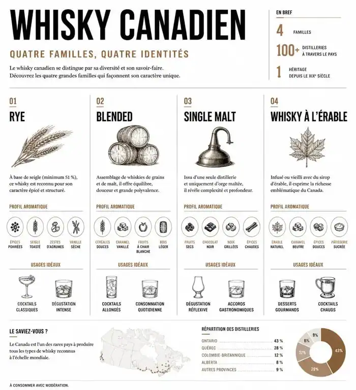 Infographie des différents types de whisky canadien et leurs profils aromatiques