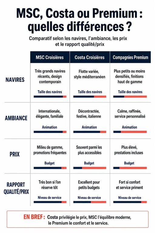 Tableau comparatif des croisières en Méditerranée : MSC, Costa et compagnies Premium pour choisir sa croisière.