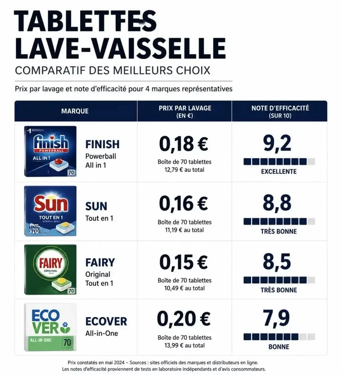 Infographie comparative des meilleures tablettes lave-vaisselle : prix et efficacité par marque