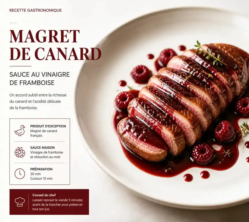 Magret de canard déglacé au vinaigre de framboise, plat gastronomique