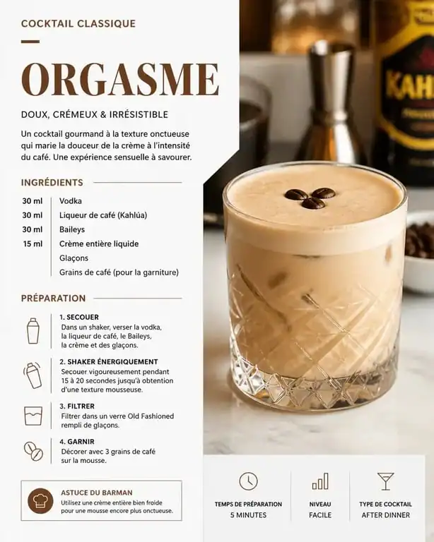 Cocktail Orgasme onctueux servi dans un verre Old Fashioned avec grains de café