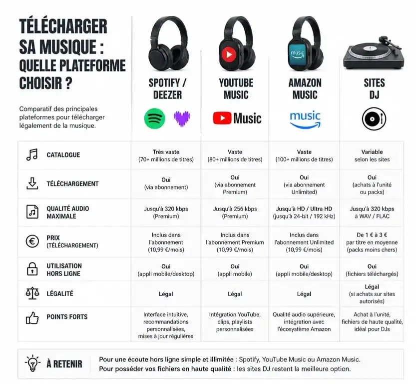 Infographie comparative des meilleures plateformes pour télécharger une playlist pour soirée
