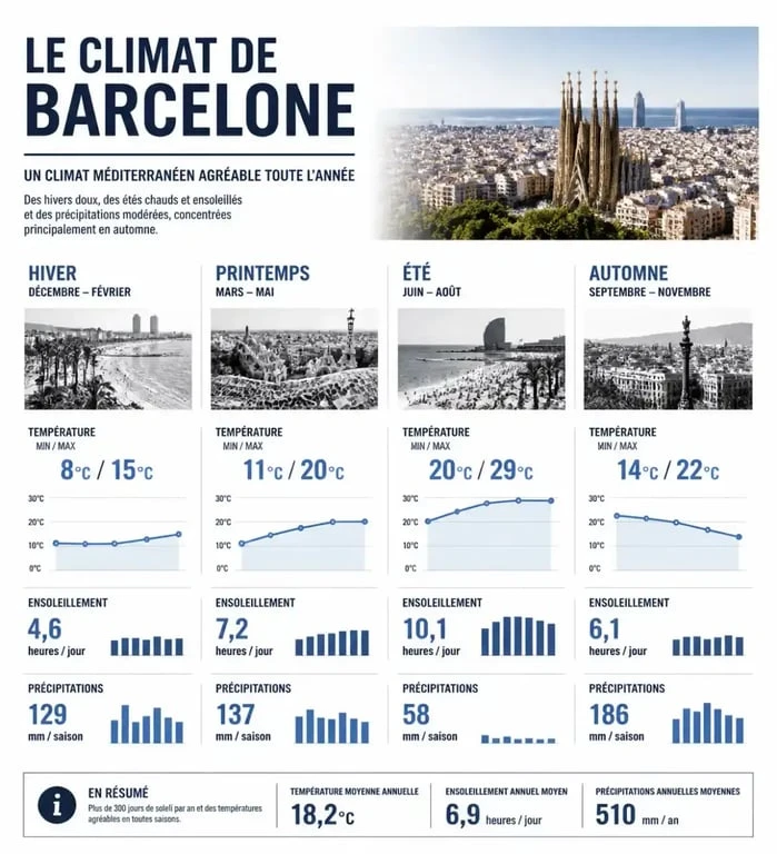 Infographie sur le climat à Barcelone pour choisir quand partir : températures, ensoleillement et précipitations par saison.
