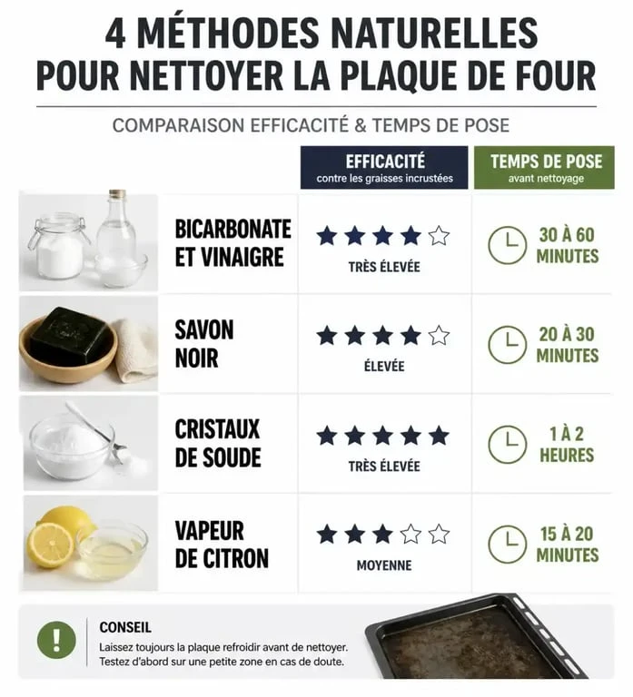 Infographie comparative des méthodes pour nettoyer une plaque de four efficacement