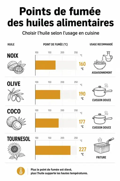 Infographie comparative des points de fumée et usages recommandés pour l'huile de noix et autres huiles alimentaires