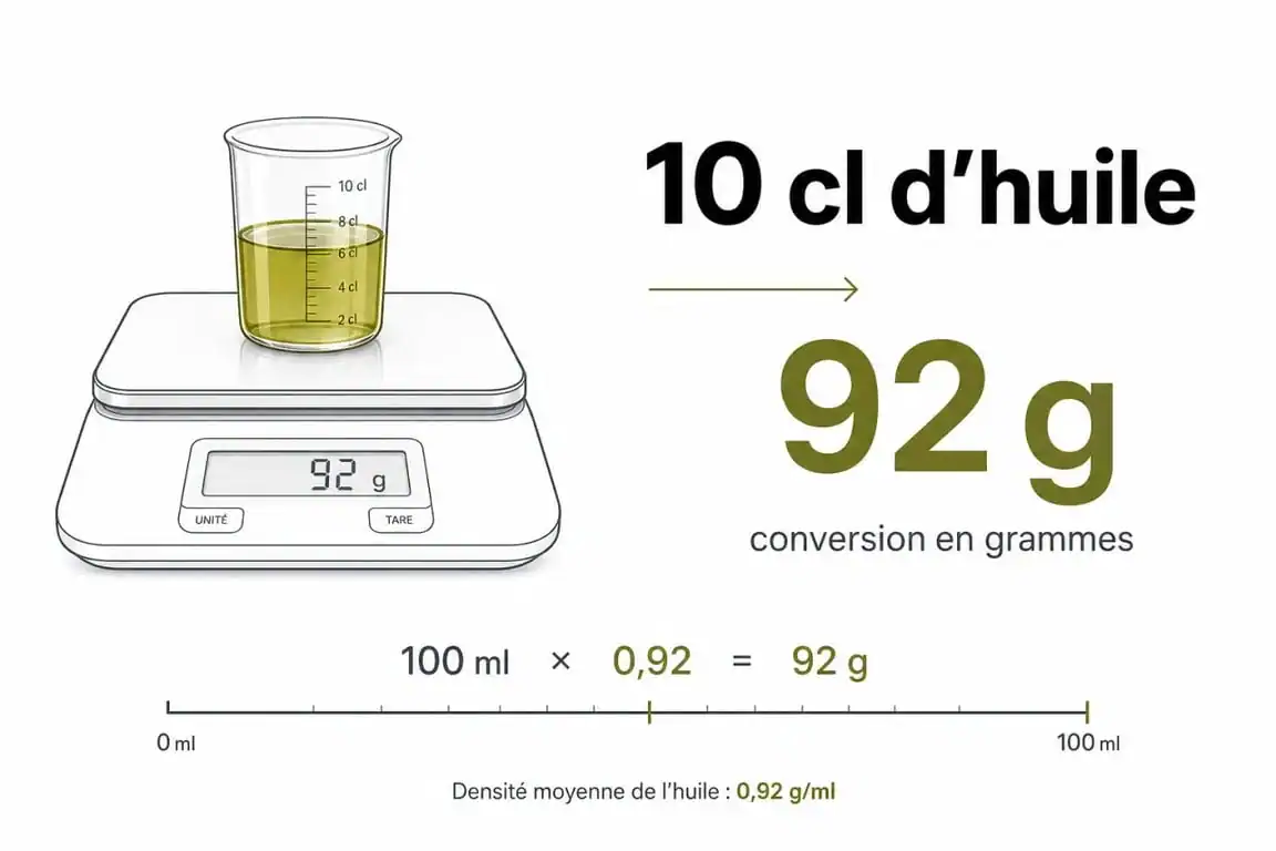 Infographie montrant la conversion de 10cl d'huile en grammes pour la cuisine