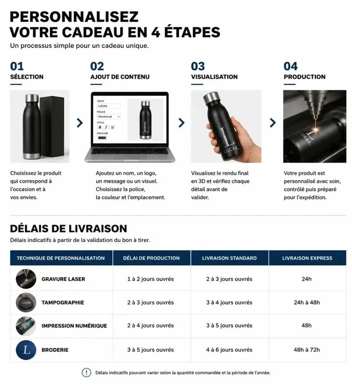 Infographie du processus de personnalisation et délais de livraison sur Cadeaux.com pour trouver une idée cadeau originale.