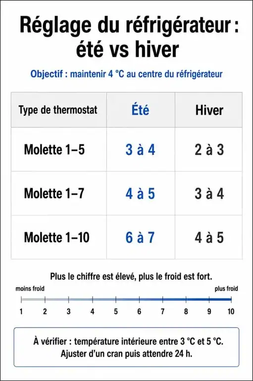 Infographie récapitulative pour savoir comment régler la température de son frigo en fonction des saisons