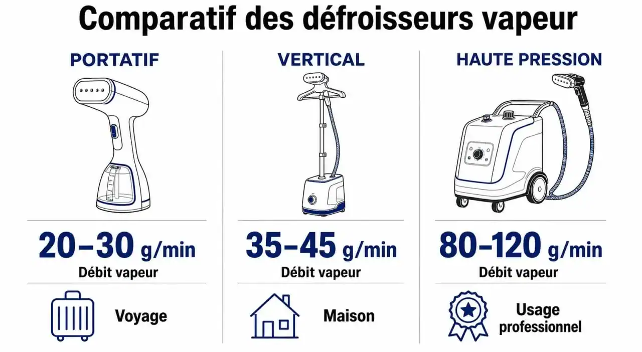 Infographie comparative pour choisir son défroisseur vapeur : portatif, vertical ou haute pression selon le débit et l'usage.