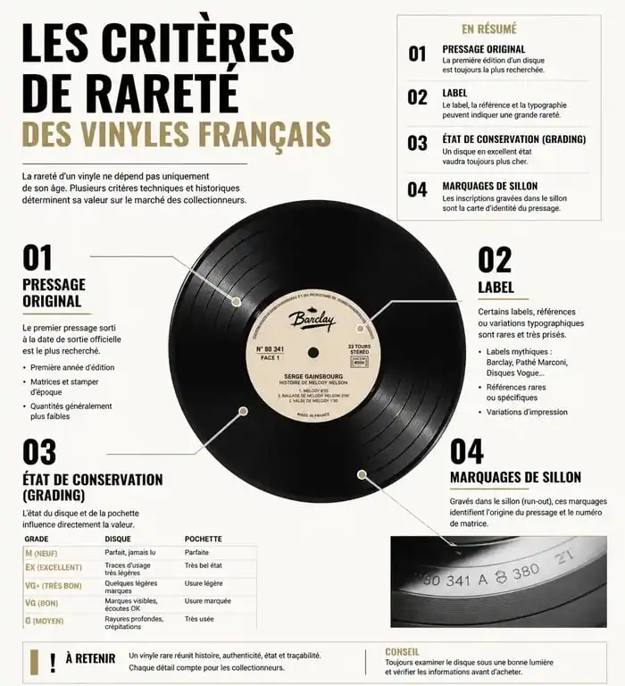 Infographie sur les critères de rareté et d'identification des disques vinyles français les plus recherchés