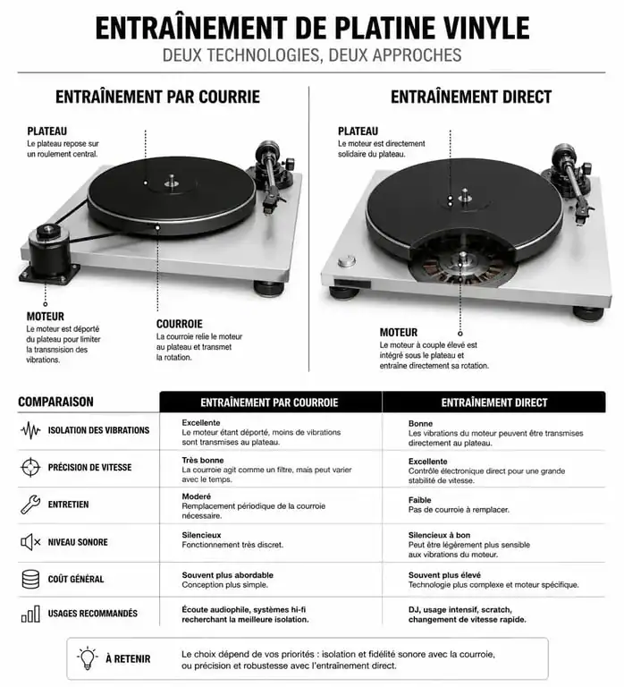 Schéma technique comparatif : entraînement par courroie vs entraînement direct pour choisir la meilleure platine vinyle