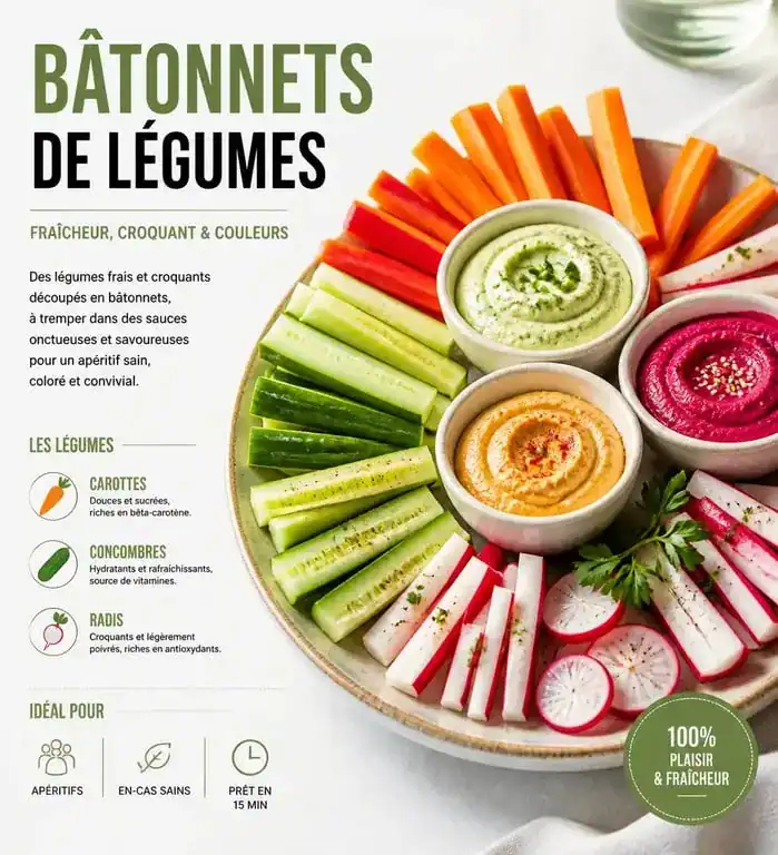 Assiette de crudités fraîches accompagnées de sauces maison pour un apéritif gourmand