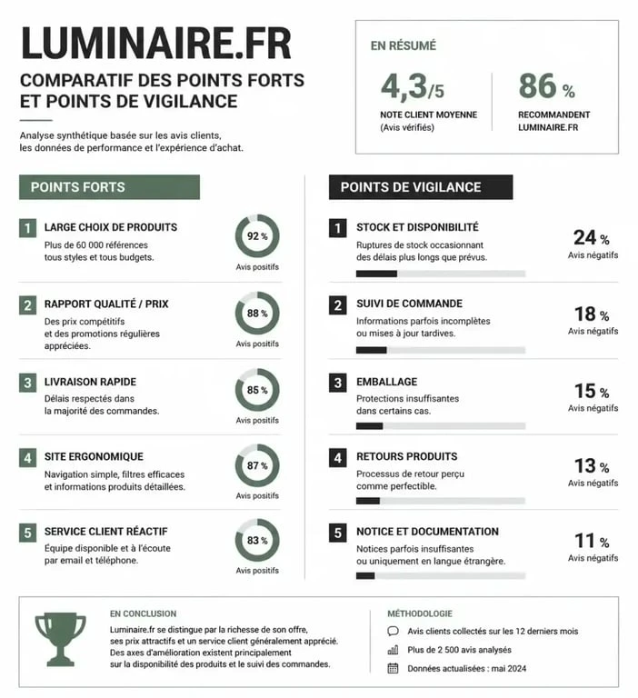 Infographie récapitulative des avis et points forts de Luminaire.fr