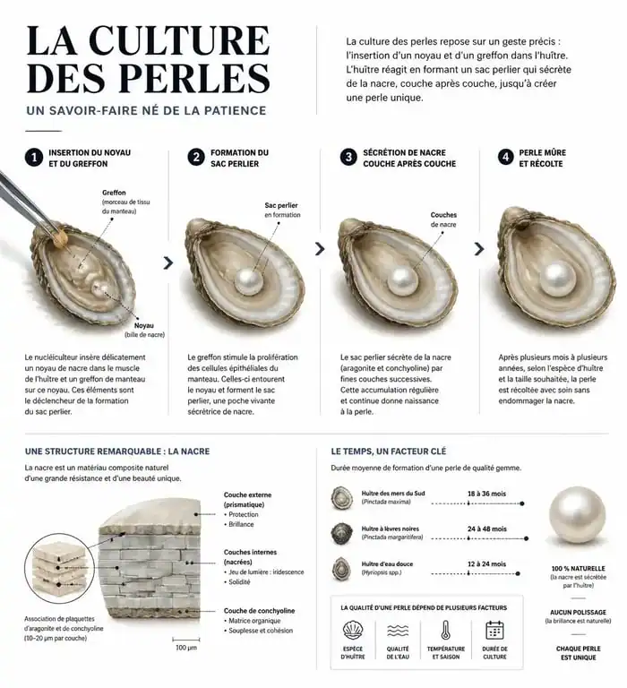 Schéma explicatif du processus de culture de perles : de l'insertion du greffon à la formation de la nacre.