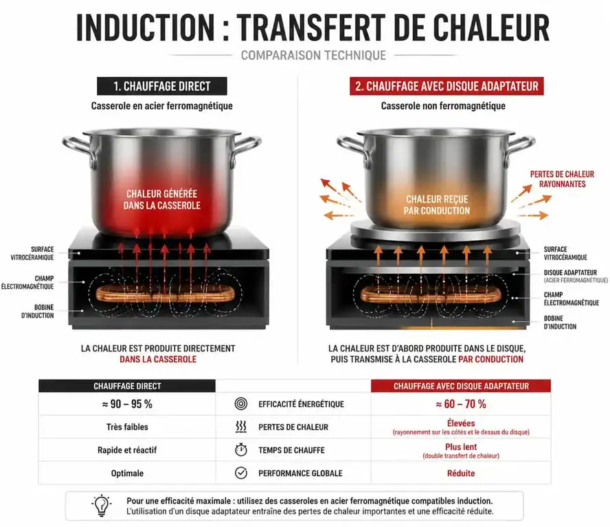 Schéma comparatif du fonctionnement d'un adaptateur induction et d'une casserole compatible