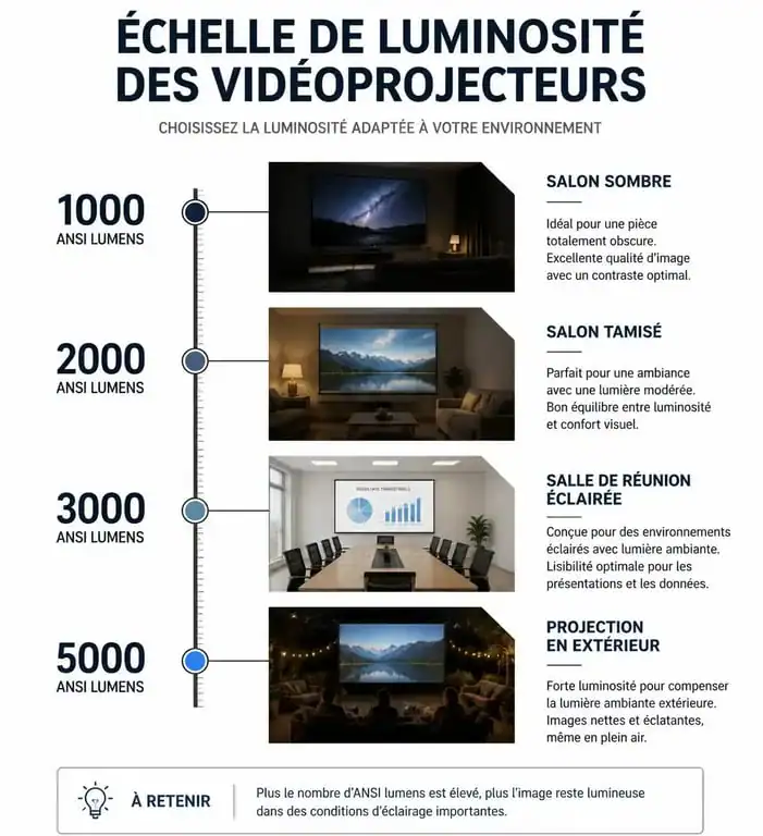 Infographie des besoins en lumens ANSI pour vidéoprojecteur selon l'environnement