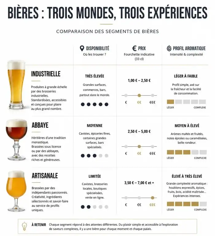 Infographie comparative des types de marques de bière : industrielles, abbayes et artisanales