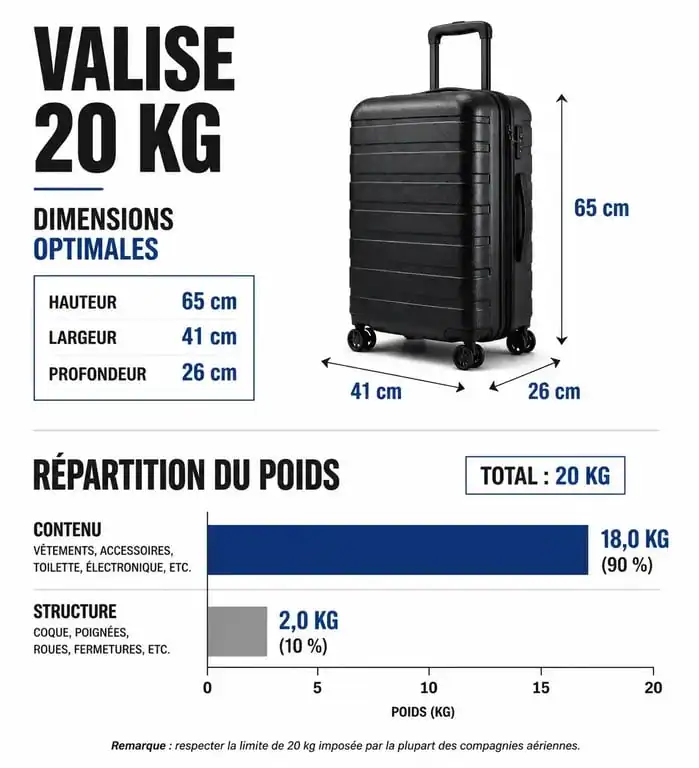 Infographie des dimensions idéales pour une valise 20 kg et répartition du poids