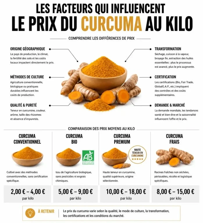 Infographie comparant les prix du curcuma au kilo selon la qualité et le conditionnement