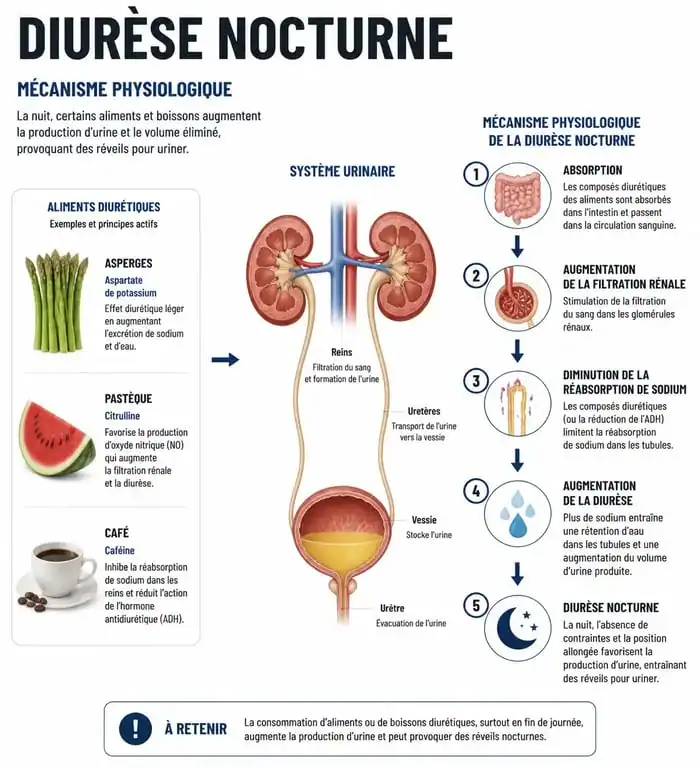 Infographie sur les effets des aliments diurétiques à éviter le soir pour une meilleure santé urinaire