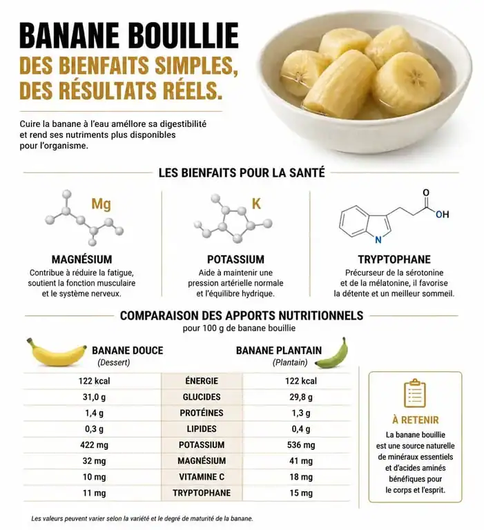 Infographie sur les bienfaits de la banane bouillie pour la santé et comparaison nutritionnelle
