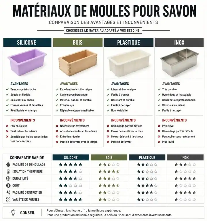 Infographie comparative des différents matériaux de moule pour savon : silicone, bois, plastique et inox.