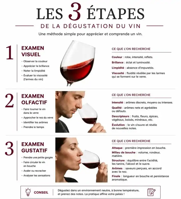 Infographie des trois étapes de la dégustation pour apprendre le vin