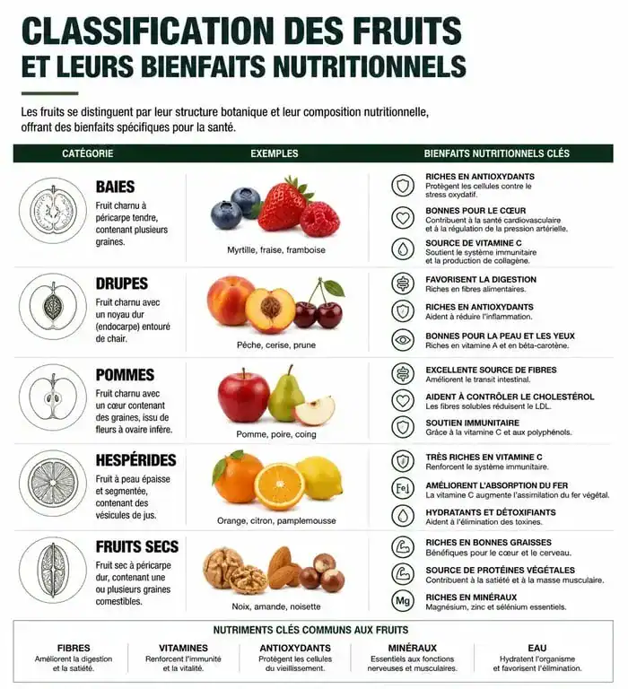 Infographie sur les bienfaits nutritionnels des fruits et leur classification botanique
