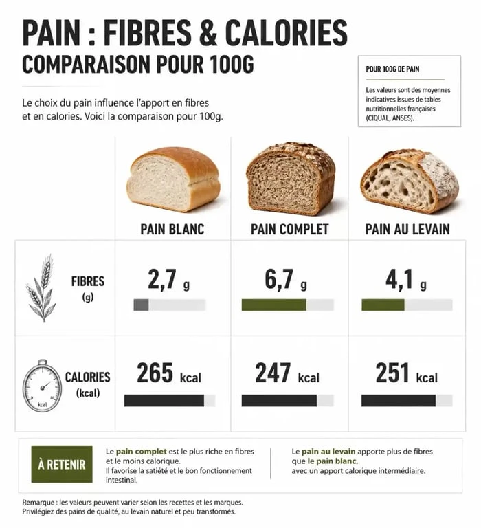 Comparatif nutritionnel des types de pain : calories et fibres pour 100g, combien de pain par jour