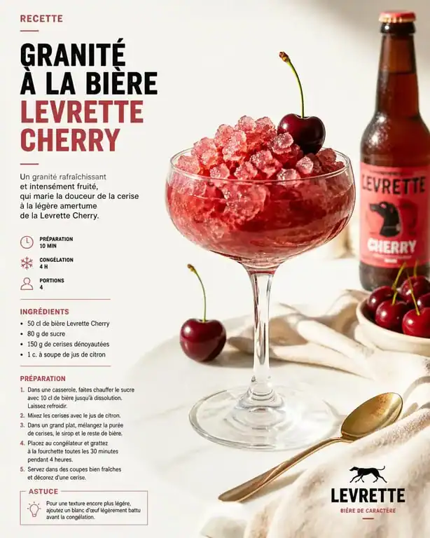 Granité à la Levrette Cherry servi dans une coupe, recette de dessert rafraîchissant à la bière