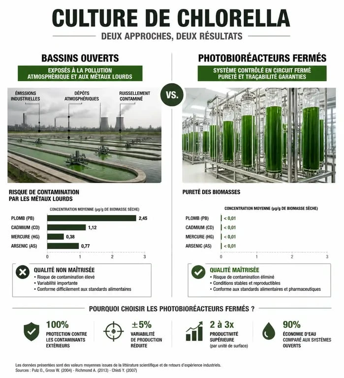 Comparaison visuelle entre la culture de chlorella en bassins ouverts et en photobioréacteurs pour garantir l'absence de danger pour le foie.